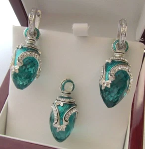 AQUAMARINE EARRINGS & PENDANT SET HANDMADE RUSSIAN SOLID STERLING SILVER 925 - Picture 1 of 6