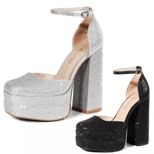 Women Ankle Strap Square Toe High Chunky Heel Platform Wedding Dress Pump Shoes - Picture 1 of 14
