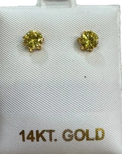 Real 14K Yellow Gold Synthetic Stone STUD EARRINGS Vivid Yellow Push On Backs5MM - Picture 1 of 4