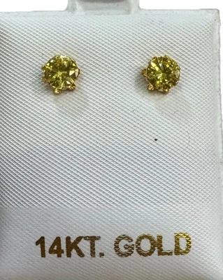 Real 14K Yellow Gold Synthetic Stone STUD EARRINGS Vivid Yellow Push On Backs5MM - Image 1 of 4
