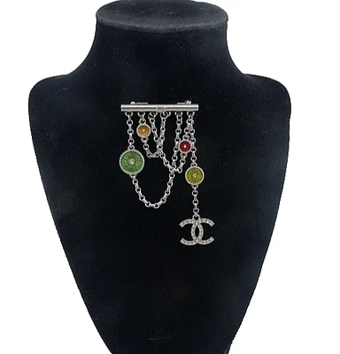 Authentic CHANEL Dangling Silver Chain & Multi Gripoix  Crystal CC LOGO Bar Pin - Image 1 of 3