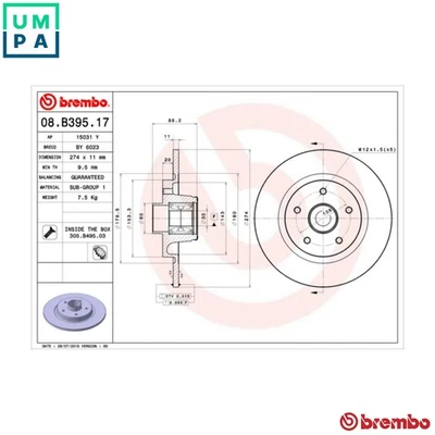 2x BRAKE DISC 08.B395.17 FOR RENAULT KANGOO/GRAND/BE/BOP/Rapid/Express 1.5L 4cyl - Image 1 of 4