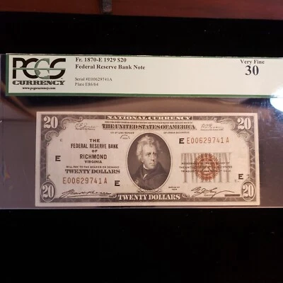 PCGS Fr 1870-E 1929 $20.00 FRB of Richmond VA. Very Fine 30. (CB-114) - Image 1 of 2