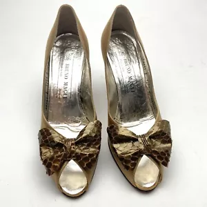 Bruno Magli Women 6.5 AAA Peep Toe Pump Brown Gold Metallic Satin High Heels Bow - Picture 1 of 11