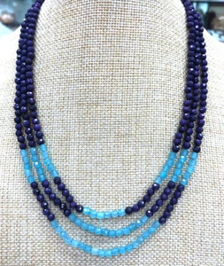 Natural 4mm NATURAL Blue jade + Aquamarine FACETED BEAD NECKLACE 3 STRAND 17-19" - Picture 1 of 4