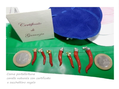 Ciondolo di Corallo Corno e portafortuna rosso in Argento da 925 Pendente PL Oro - Immagine 1 di 4