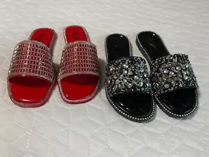 Set of 2 Womens slide shoes SIZE: 8 Red and black Bling - Picture 1 of 8