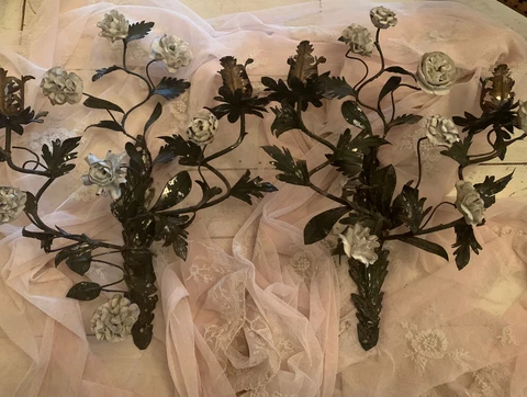 Shabby Old French Tole Porcelain Flowers Metal Leaves Sconces Candelabras Cover