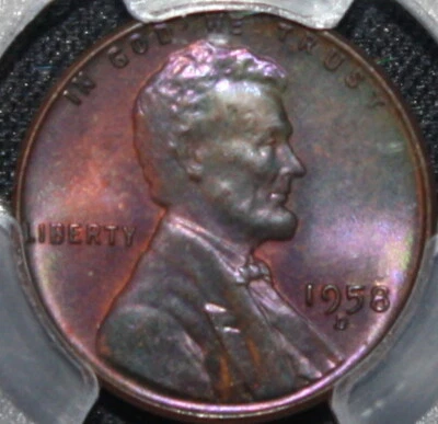 1958 D Penny Lincoln Cent Monster Pink-Purple Satin Toned Toner  PCGS MS65 LOOK! - Image 1 of 4