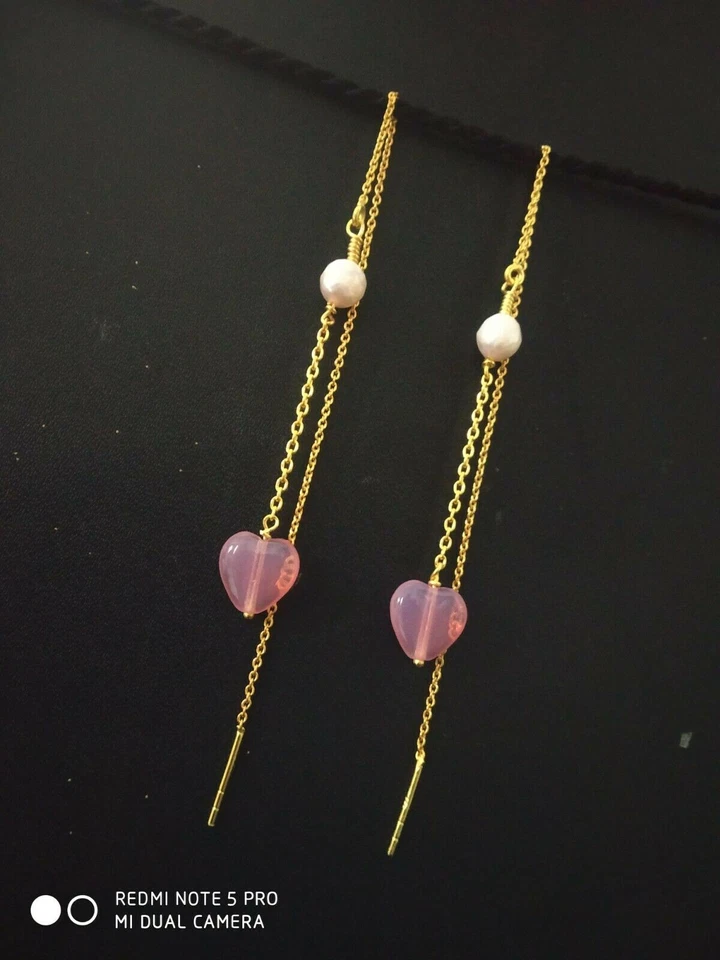 Quarzo rosa con perla naturale penzola orecchini in argento sterling 925 - Immagine 1 di 1