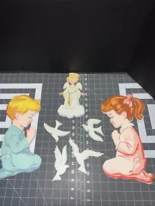 Vintage 1958 The Dolly Toy Co Pressed Wood Girl Boy Praying Angel Doves Hanging - Picture 1 of 4