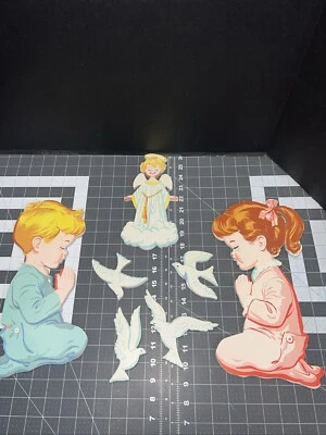 Vintage 1958 The Dolly Toy Co Pressed Wood Girl Boy Praying Angel Doves Hanging  - Image 1 of 4