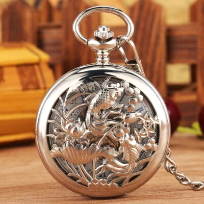 Vintage Style Men's Pocket Watch Mechanical Hollow Fish Case Pendant Chain Gifts - Image 1 of 4