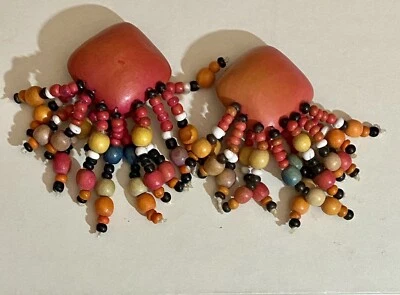 Серьги деревянные висячие бусины зажимы многоцветные - Изображение 1 из 4