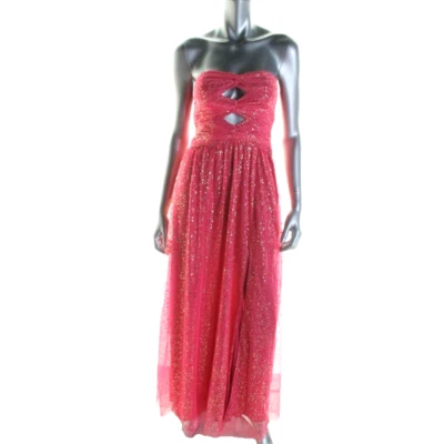 Hailey Logan ~ Hot Pink Gold Splash Mesh Cut-Out Slit Formal Gown 7/ 8 NEW $169 - Image 1 of 4