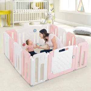 Baby Safety Playpen Toddler Yard w/ 14 Panels & Drawing Board Pink - Picture 1 of 7