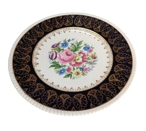 Vintage Simpsons Pottery Cake Plate #777 – Cobalt Band, Pink Cabbage Rose Beaded - Picture 1 of 8