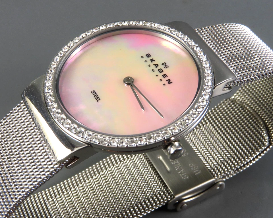 SKAGEN часы Серебряный Milanese сетки группы розовый мать/жемчуг шкала модернистские кристаллы - Изображение 1 из 4