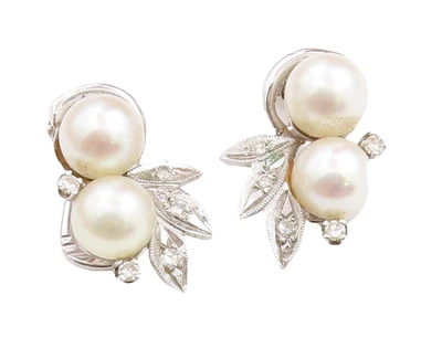 Pendientes colgantes victorianos vintage de diamantes y perlas genuinos de oro de 14K GE019 Foto 1 de 4