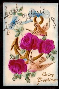 1911 glitter trimmed silk Roses bas relief Birds Anchor Love greetings postcard - Picture 1 of 1