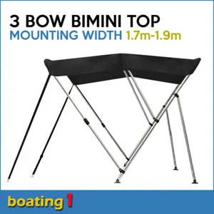 3 Bow 1.7m-1.9m Black Boat Bimini Top Canopy Cover With Rear Poles & Sock - Picture 1 of 8