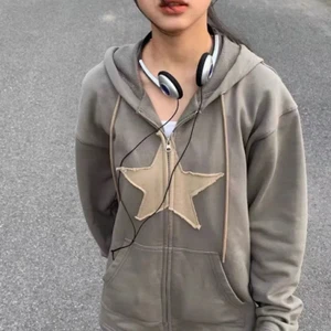 y2k Hip Hop Zip Up Hoodie Vintage Star Patch Loose Sweatshirt Jacket Harajuku - Picture 1 of 12