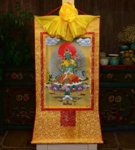 Stampa Buddha tibetano tibetano seta dorata Thangka Thanka buddismo verde Tara Kwan-yin - Foto 1 di 3