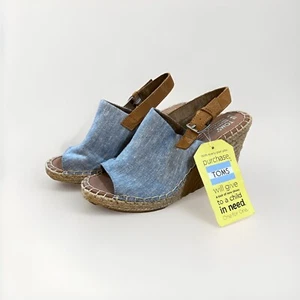 Toms Women Wedge W8.5 Light Blue Sling Back Espadrille Natural Woven 4” Heal NWT - Picture 1 of 12