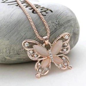 Fashion Women Rose Gold Opal Butterfly Charm Pendant Long Chain Necklace Jewelry - Picture 1 of 9