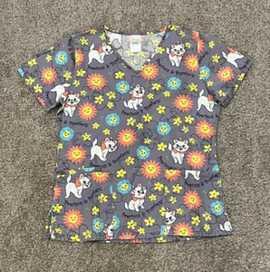 Disney Aristocats Womens XS Scrubs Shirt Cat Floral Top - Picture 1 of 3