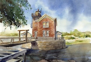 Faro di Saugerties, fiume Hudson, New York. Appunti acquerello - Foto 1 di 2