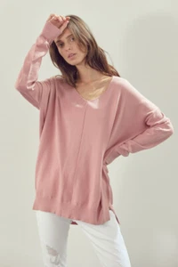 &Merci Women's French Rose V-Neck Long Sleeve Tunic Sweater Top in Pink - Picture 1 of 5