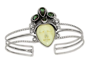 Balinese Carving Face & Rainbow Topaz 925 Silver Bangle Jewelry BA2242 - Picture 1 of 1