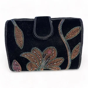 Evening Bag Shoulder Clutch Black Velvet Bead Work Mag Close Clam Shell - Picture 1 of 12