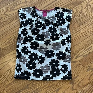 Tea Collection Sz 7 Black And White Floral Tunic Dress Girl Pockets *small Hole* - Picture 1 of 10