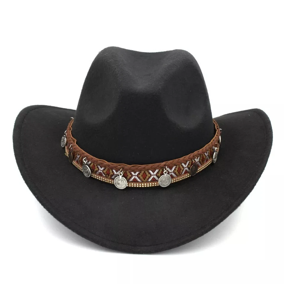Western Cowgirl Cowboy Hat Men Women – Tribal Band Felt Wide Brim Rodeo Style - Image 1 of 2