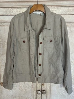Chaqueta ligera Orvis para mujer 100 % lino abotonada caqui talla pequeña Foto 1 de 4