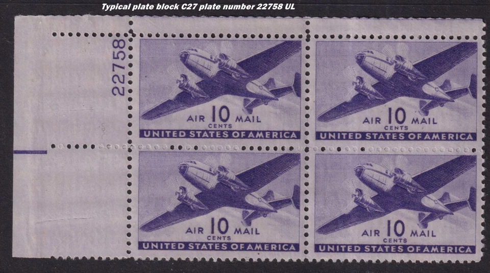 1941 Sc C27 AIRMAIL plate block MNH 6c rare plate number 22758 UL Durland CV $25 - Image 1 of 1