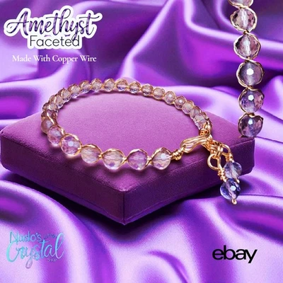 Amethyst Faceted 6mm Crystal Bracelet Made With Copper Wire  - Image 1 of 3