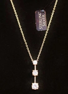 Sterling Silver .925 Triple CZ Cubic Zirconia Pendant Necklace Chain 18" NOS - Picture 1 of 5