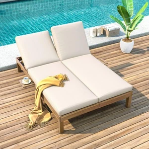 Light Teak Acacia Wood Outdoor Chaise Lounge with Adjustable Backrest & - Picture 1 of 9