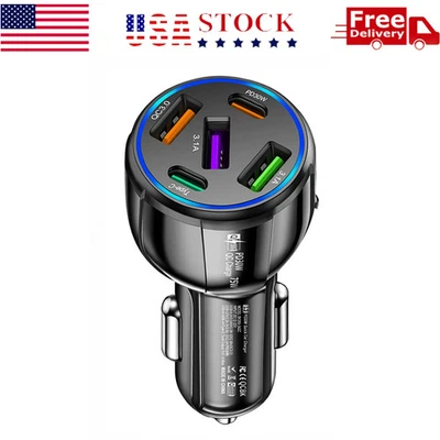 Cargador de Coche Súper Rápido 5 Puertos USB Tipo-C 75W para Teléfono iPhone 15 Samsung Android Foto 1 de 4