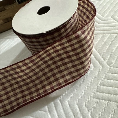 NEW PRIMITIVE CHECK RIBBON WITH WIRE EDGES 2-1/2” X 10 YARDS BURGUNDY - Image 1 of 3