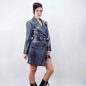 Vintage 90er Y2K Jacke S/M grau silber Organza Bindegürtel Trenchcoat - Bild 1 von 9