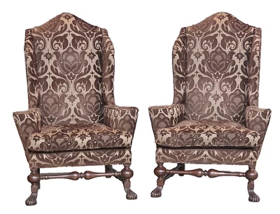 Pair of Baker Stately Homes Large Wing Arm Chairs in the Jacobean Style Damask - Image 1 of 4