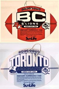 CFL Grey Cup 1983 Instant Turncoat Tag TORONTO ARGONAUTS vs BC LIONS - Picture 1 of 3