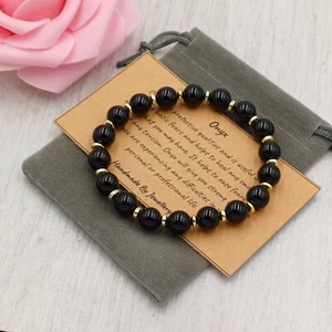 BLACK ONYX Bracelet Stretch Handmade + Gift Bag & Card Crystal Gemstone 6/8mm - Picture 1 of 12