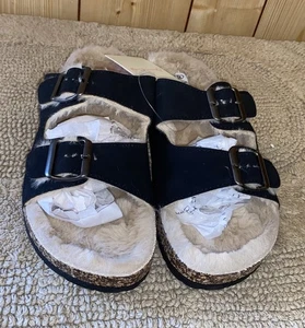 NWT Jessica Carlyle Kylie Black Flat CORK Sole Dbl Buckle Strap Sandal 6, 9 - Picture 1 of 9