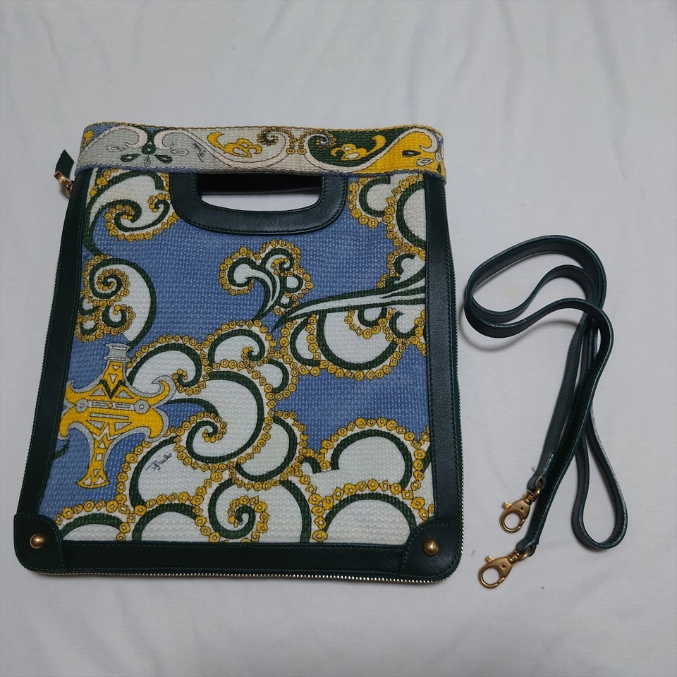Emilio Pucci Bolso de Mano Bolso de Mano Bolso de Mano Mediano Con Correa Monedero Lona Azul Verde Foto 1 de 4