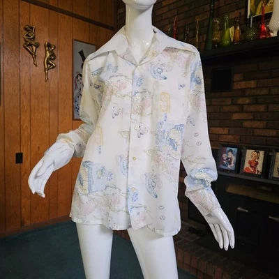 Vtg 70s Disco Surrealist Banana Mens Novelty Dagger Butterfly Collar Shirt M/L - Image 1 of 4